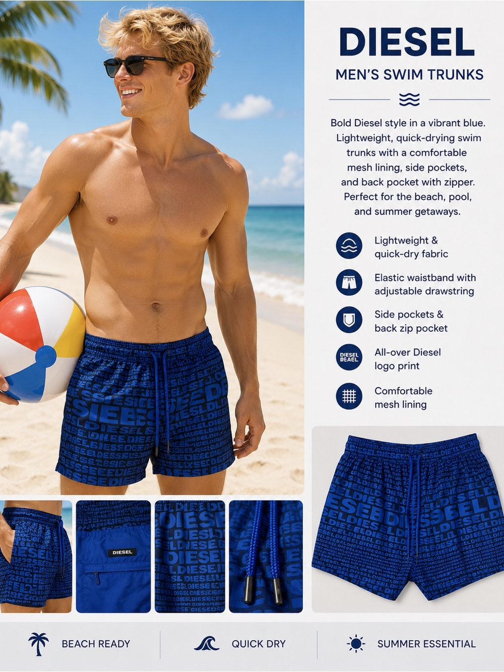 Diesel Men’s Blue Logo-Print Swim Trunks